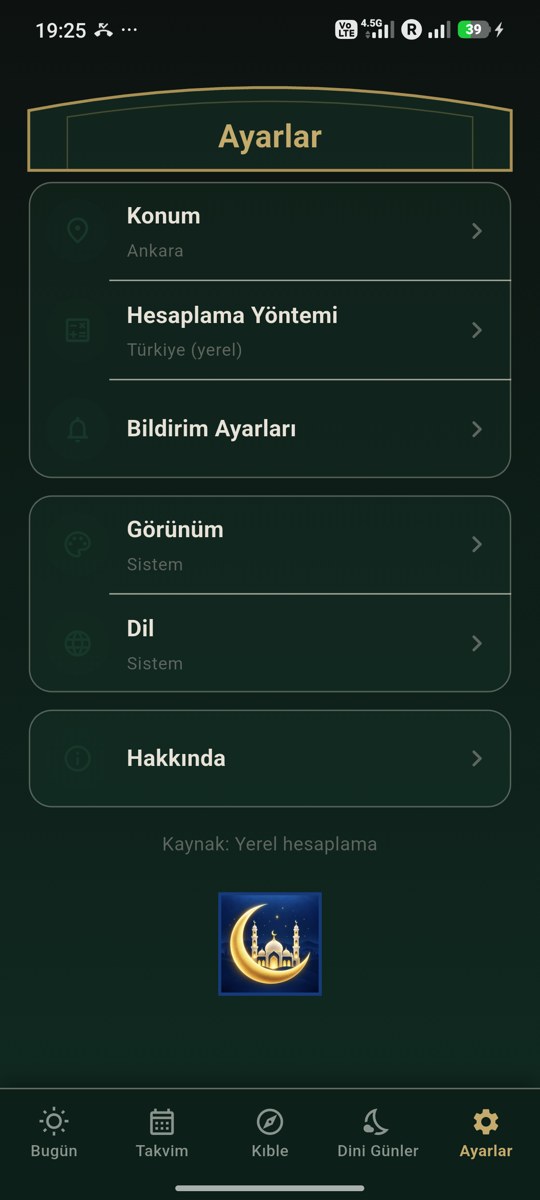 Emir Namaz Vakitleri uygulaması Ayarlar ekranı görünümü